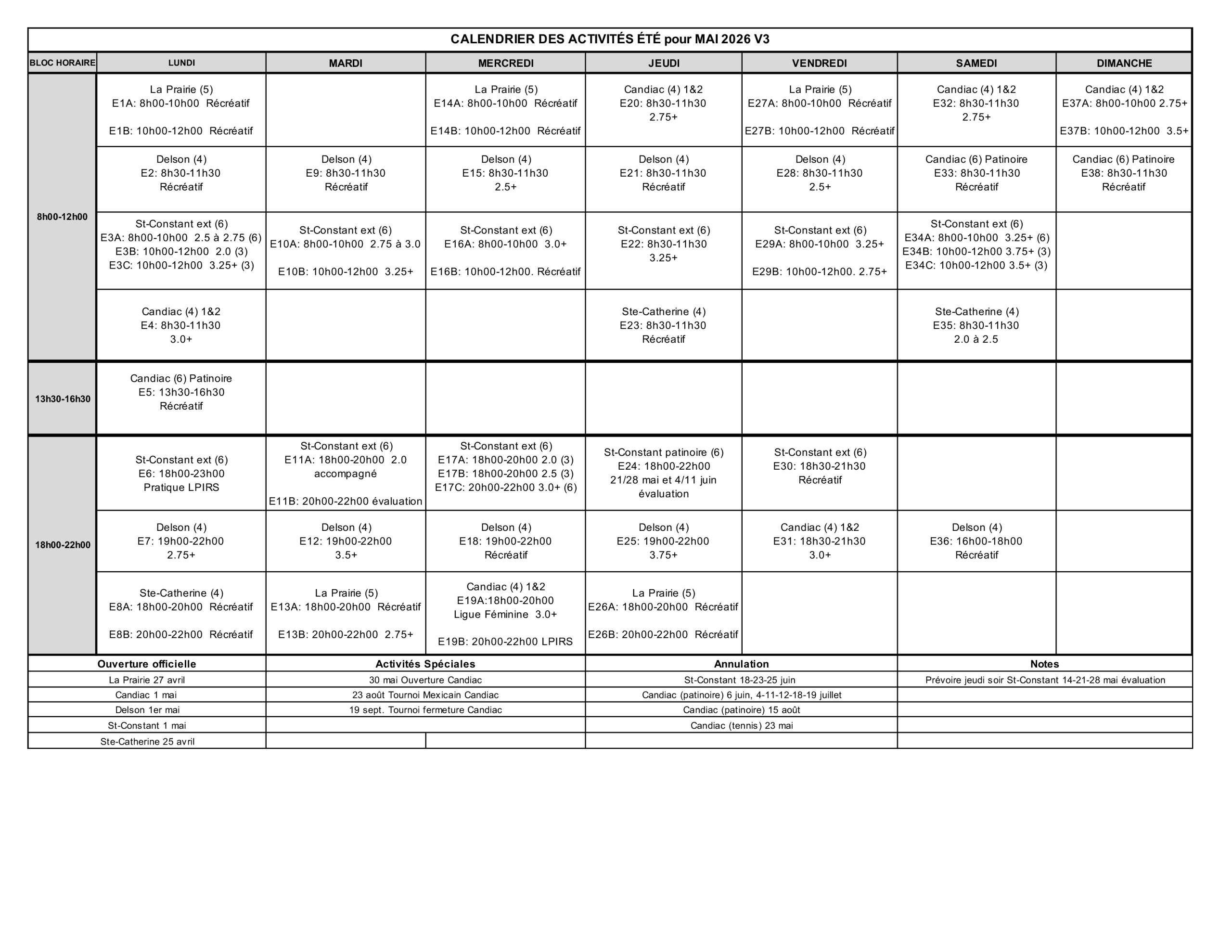 Calendrier des activités de pickleball - Mai 2026
